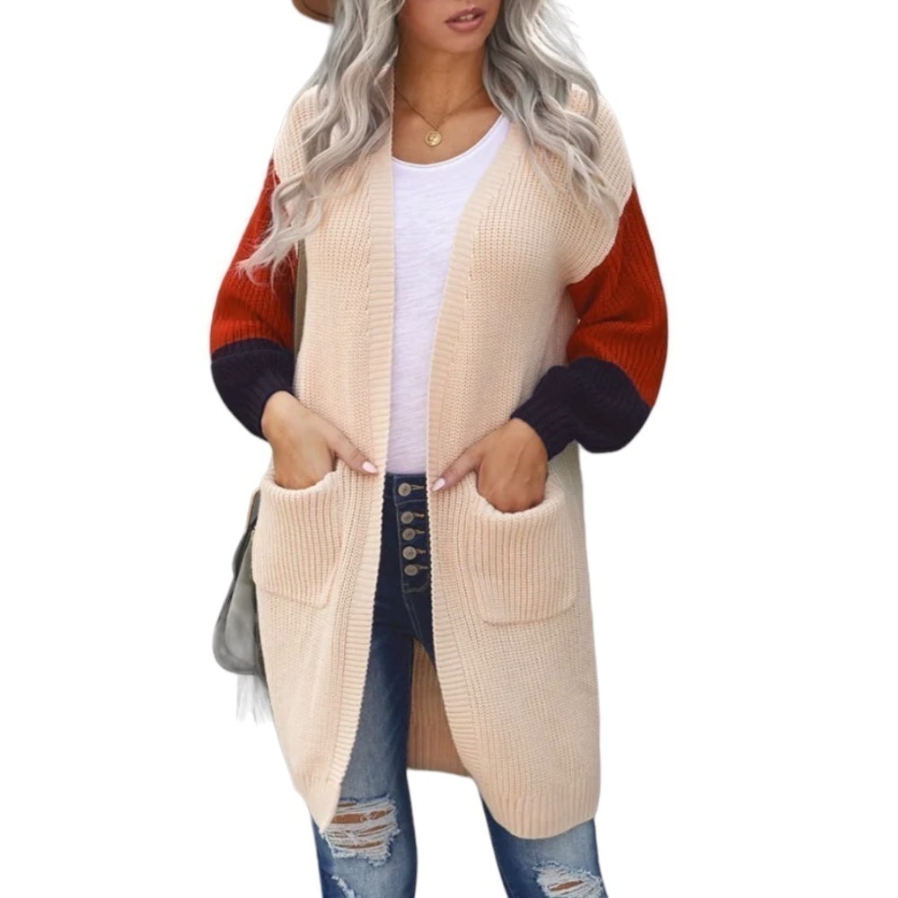 Vici Color Block Cotton Blend Open Front Pocket Knit Midi Cardigan